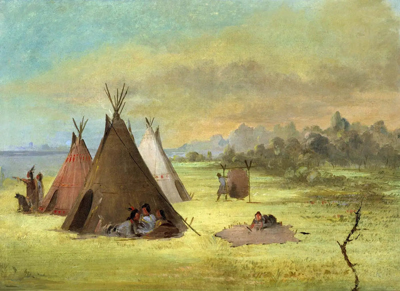 Campement indien, Comanche (eller Kiowa) forbereder skind, Rivière Rouge - George Catlin