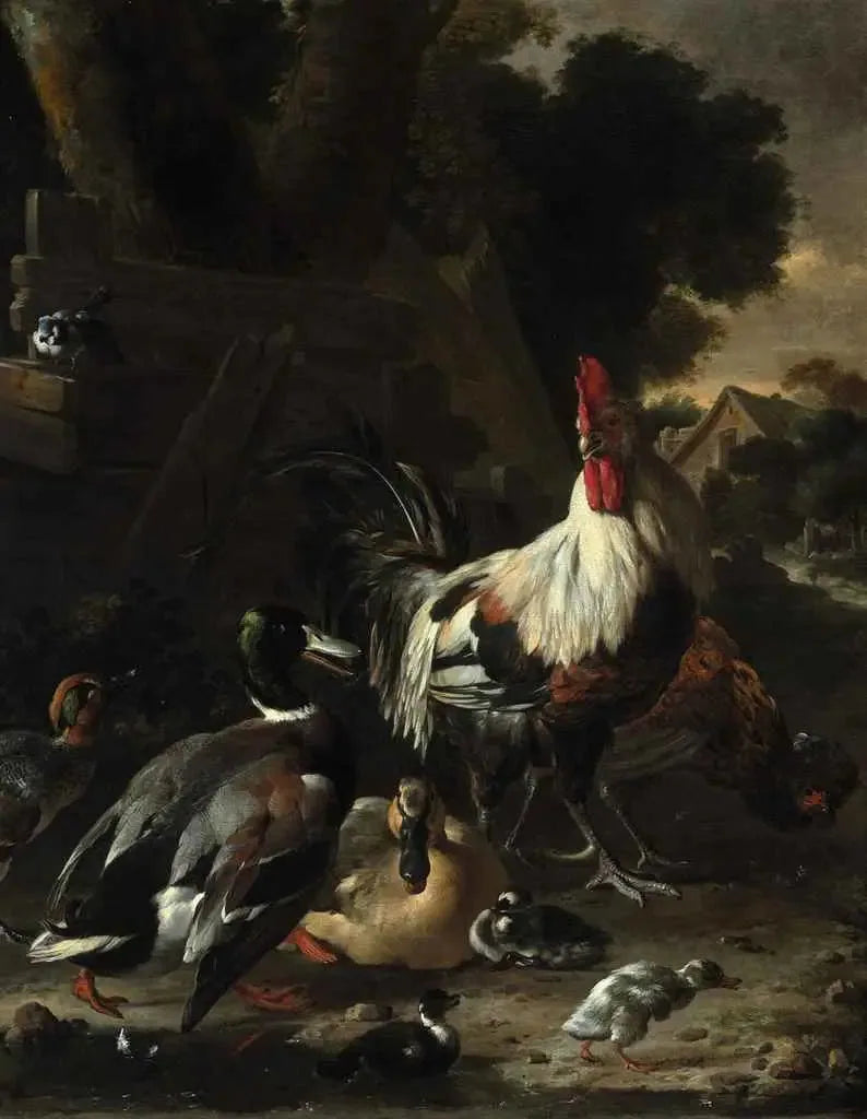 Andefugle, høns og andre fjerkræ i en gård - Melchior de Hondecoeter