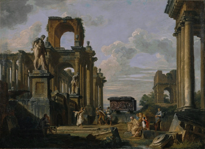 Capriccio architectural du Forum romain med filosoffer og soldater blandt antikke ruiner, herunder Janus Quadrifrons-buen, Santa Constanza-sarkofagen, Farnese-Herakles og Cincinnatus - Giovanni Paolo Panini