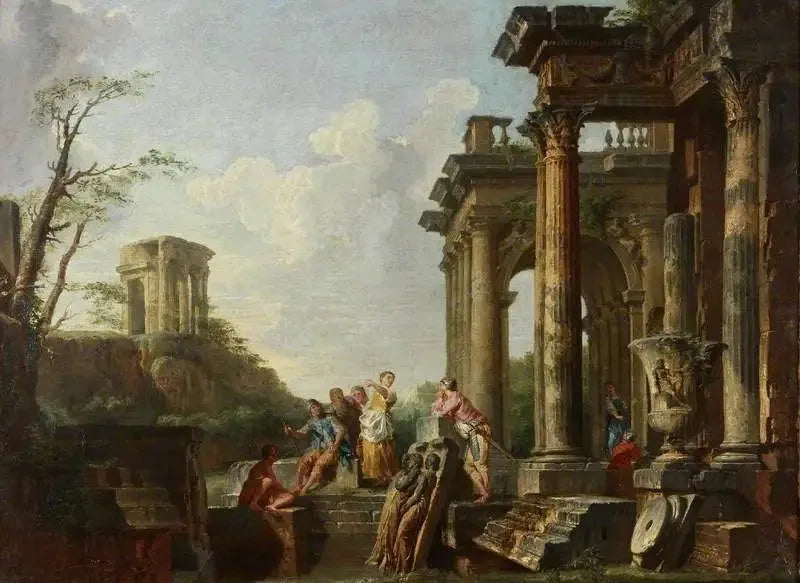 Capriccio arkitektonisk, romerske ruiner med figurer - Giovanni Paolo Panini