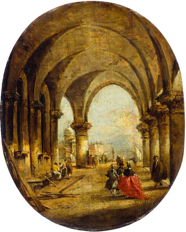 Capriccio med arkaden i Dogepaladset og San Giorgio Maggiore - Francesco Guardi
