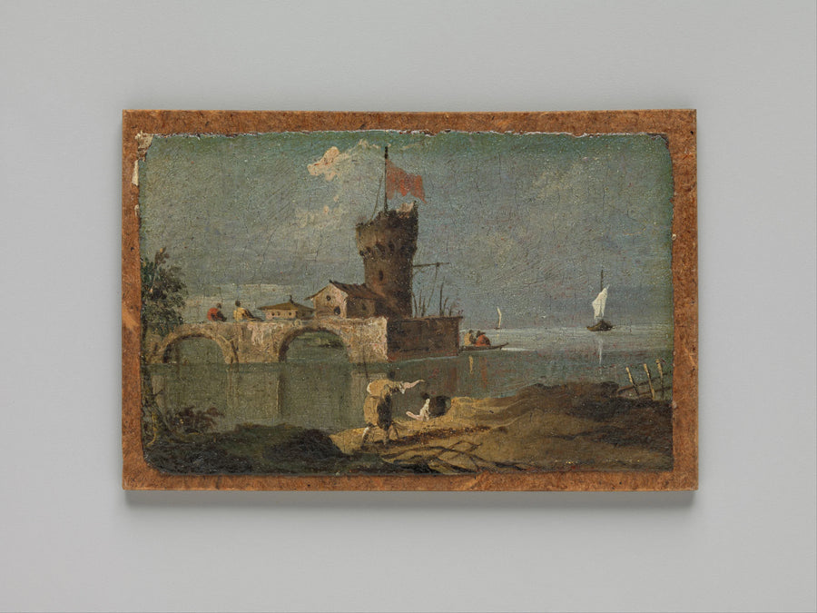 Capriccio avec une tour circulaire, deux maisons et un pont - Francesco Guardi