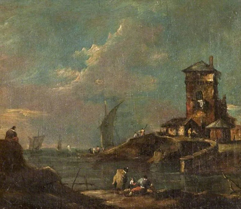 Capriccio med rustik tårn, huse og både - Francesco Guardi