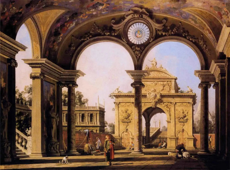 Capriccio med en renaissance triumfbue set fra portalen af et palads - Canaletto
