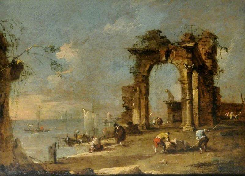 Capriccio med en bue i ruiner ved kanten af en lagune - Francesco Guardi