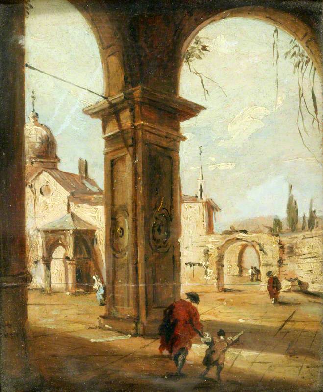 Capriccio med en kirke set gennem en portikus - Francesco Guardi