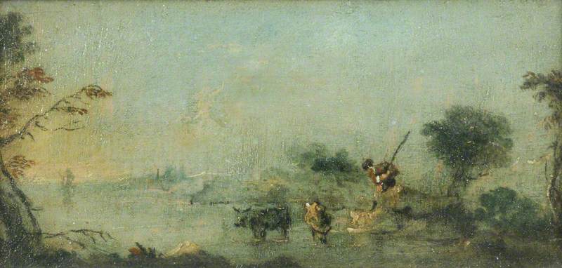 Capriccio af lagunen med en bonde og kvæg - Francesco Guardi