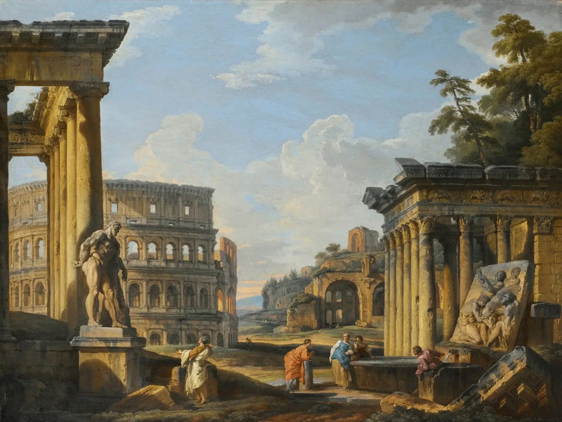 Klassiske ruiner capriccio med Antonius og Faustinas tempel, Colosseum, Maxentius basilika - Giovanni Paolo Panini