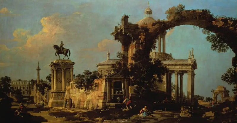 Capriccio de romerske ruiner med en kirke med kuppel og Colleoni-monumentet - Canaletto
