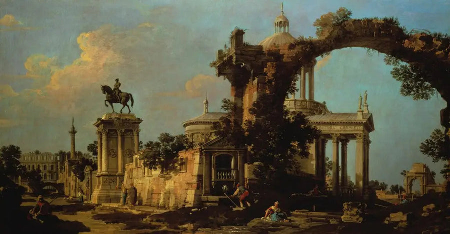 Capriccio de romerske ruiner med en kirke med kuppel og Colleoni-monumentet - Canaletto
