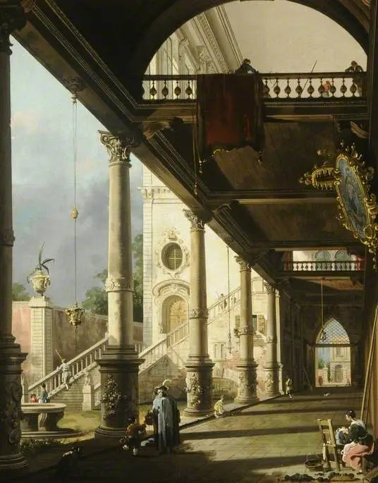 Capriccio : En kolonnade, der åbner mod en paladsgård - Canaletto