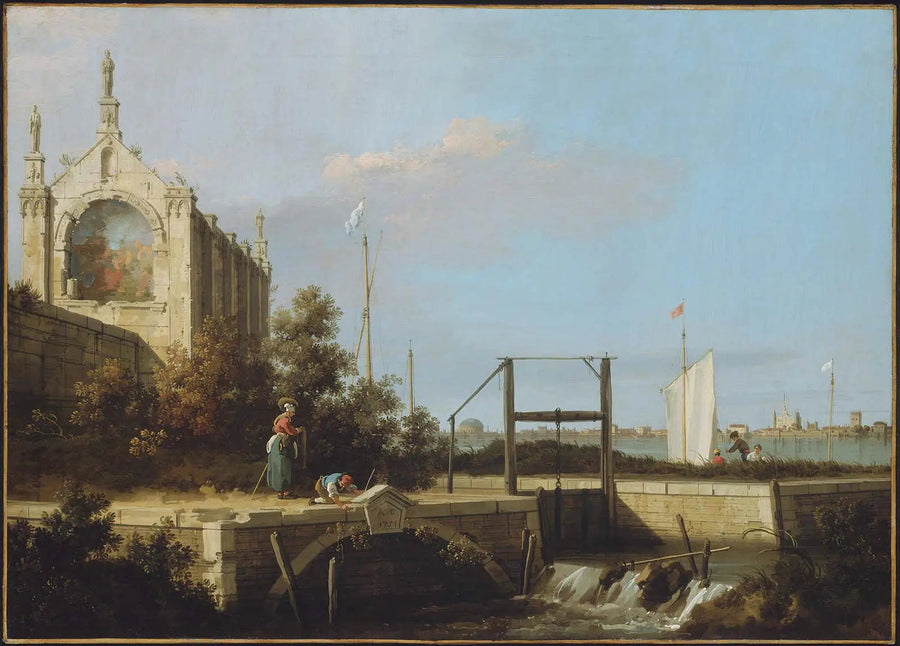 Capriccio : En sluse på en flod med en kapel - Canaletto