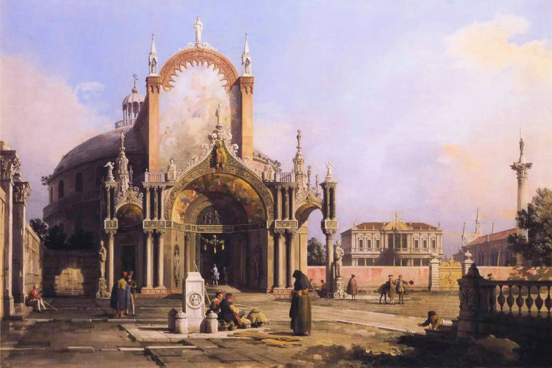 Capriccio: en rund kirke med en udsmykket gotisk portik på et torv, en palladinsk plads og en gotisk kirke i baggrunden - Canaletto