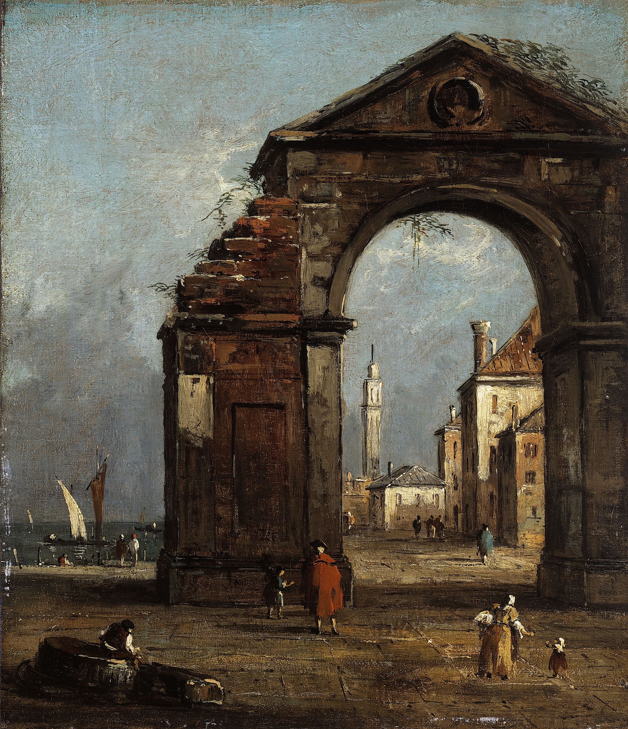 Caprice, avec arc triomphal en ruine et paysage du bord de la lagune - Francesco Guardi image 1 reproduction de peinture à l’huile