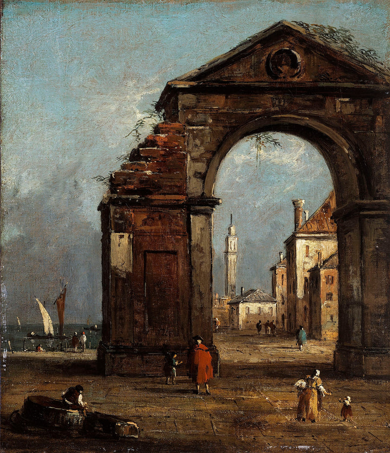 Caprice, med triumfbuet i ruiner og landskab ved lagunens bred - Francesco Guardi