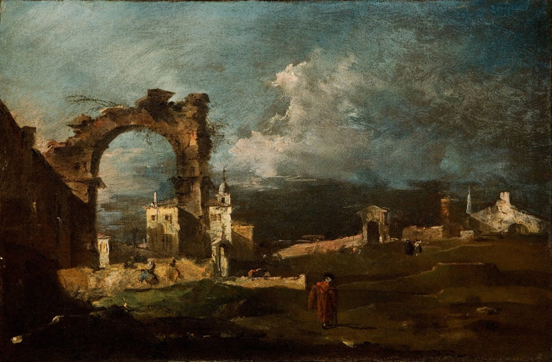 Caprice med ruiner af en bue og en villa i baggrunden - Francesco Guardi