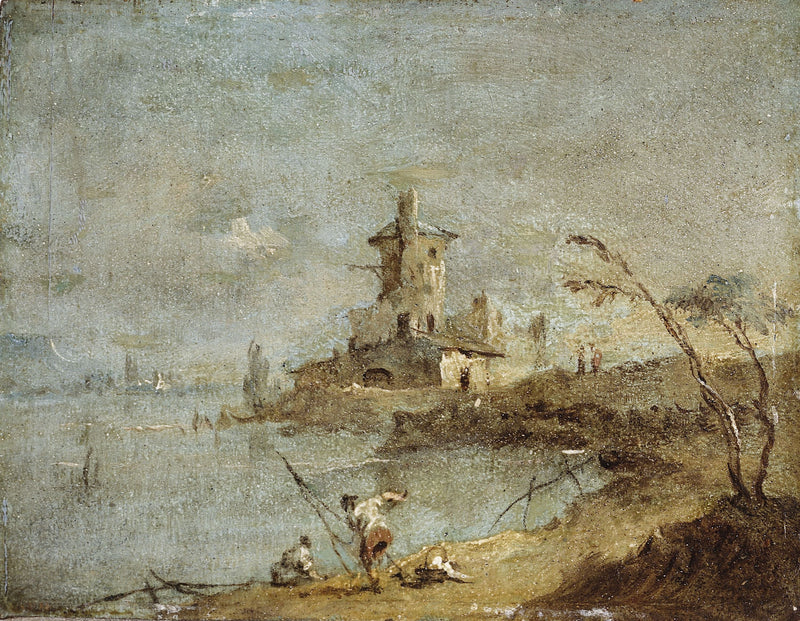 Rustik Caprice, med tårn ved vandkanten - Francesco Guardi