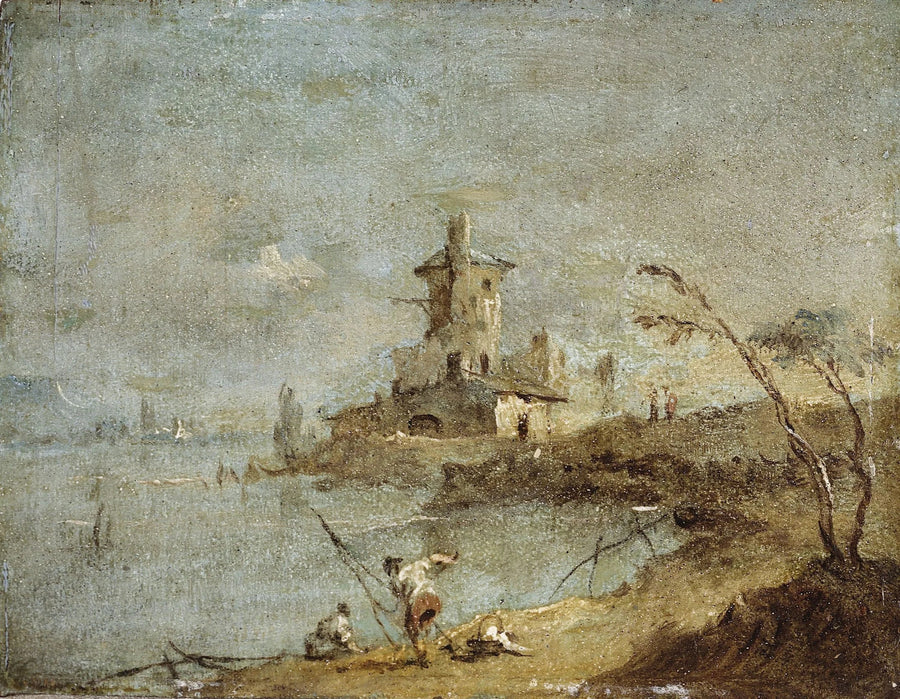Rustik Caprice, med tårn ved vandkanten - Francesco Guardi