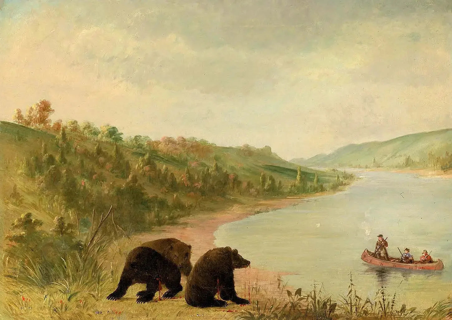 Catlin et ses hommes dans leur canoë, sollicités d'urgence pour débarquer, Haut-Missouri - George Catlin image 1 copie de tableau peinte à la main