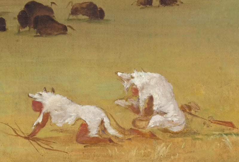 Catlin og hans indiske guide nærmer sig bisonen under hvide ulvehuder - George Catlin