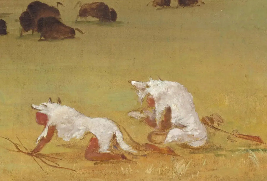 Catlin og hans indiske guide nærmer sig bisonen under hvide ulvehuder - George Catlin