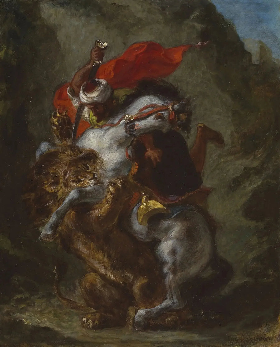 Arabisk rytter angrebet af en løve - Eugène Delacroix