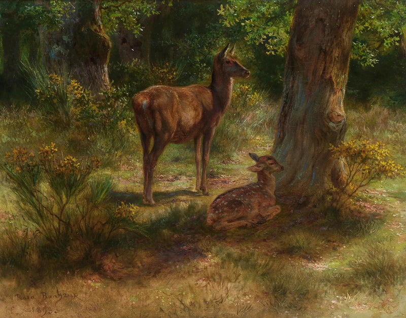 Rensdyr og kalv i en skov - Rosa Bonheur
