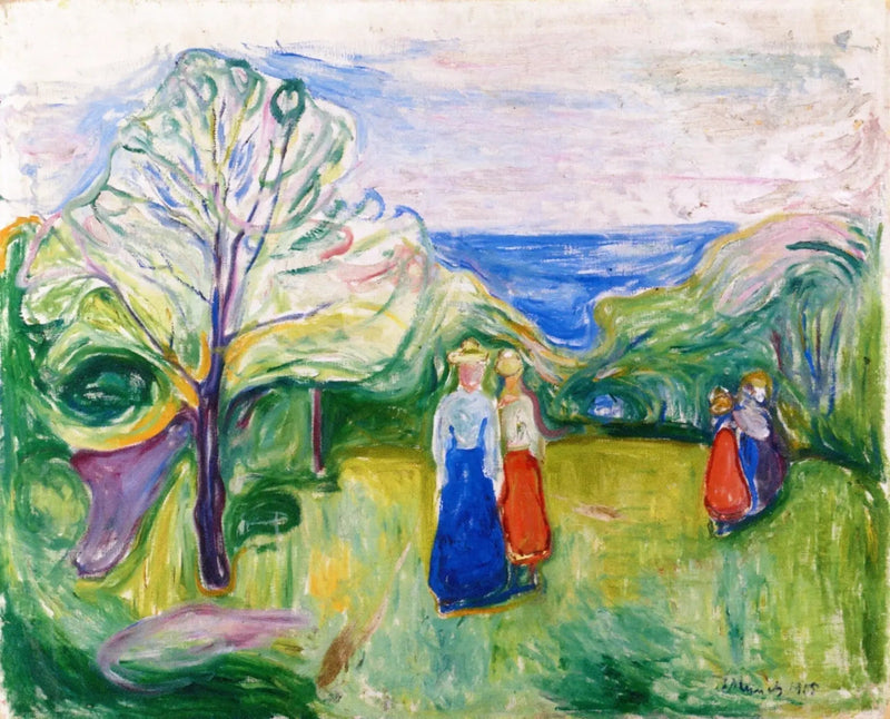 Blomstrende kirsebærtræ og unge piger i haven - Edvard Munch