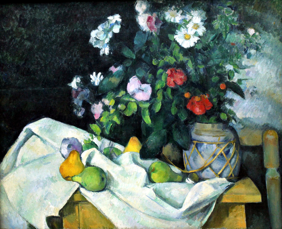Blomster i en ingefærpotte og frugter - Paul Cézanne