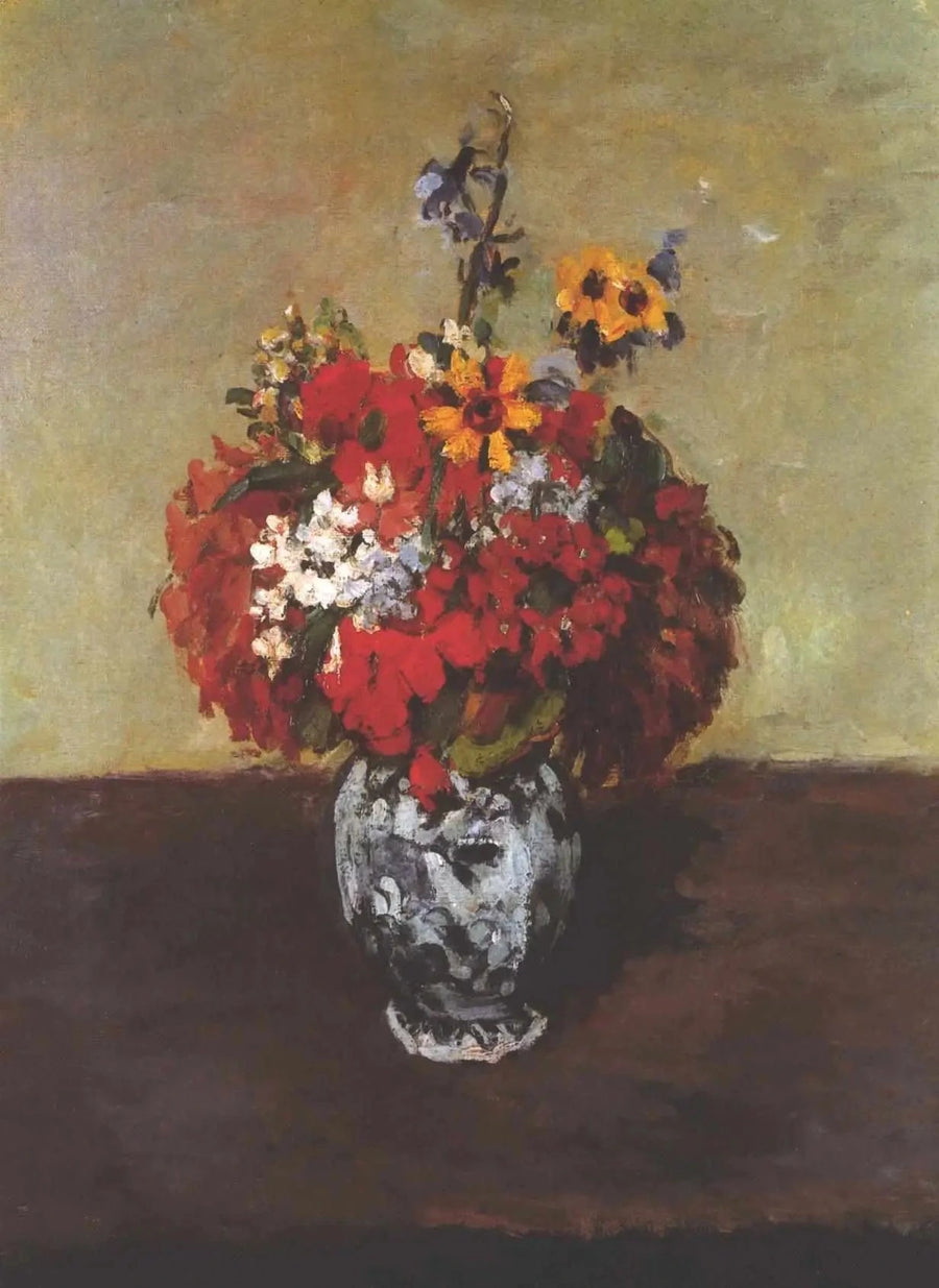 Geranier og larkspur i en lille Delft-vase - Paul Cézanne
