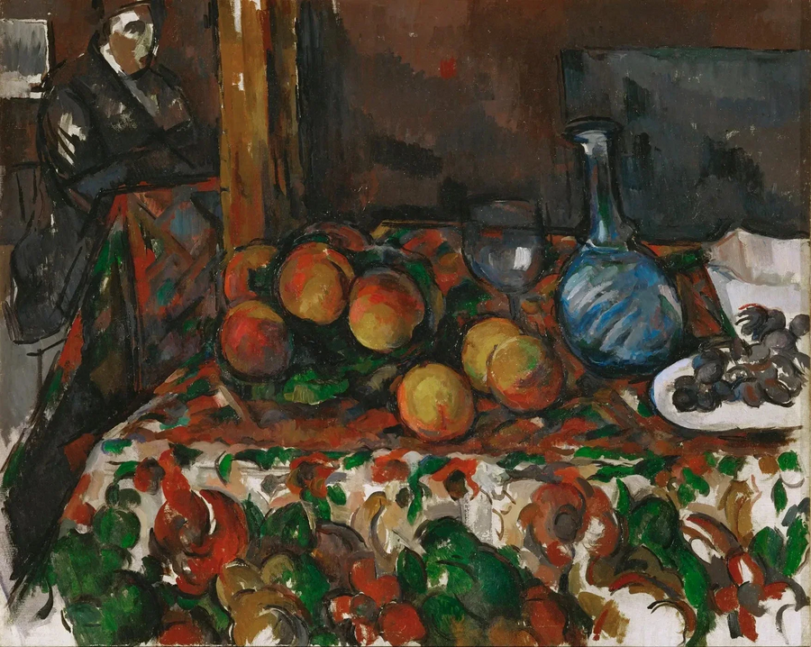 Ferskner, karaffel og figur - Paul Cézanne