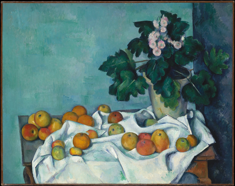 Potte med primulaer og frugter på et bord - Paul Cézanne
