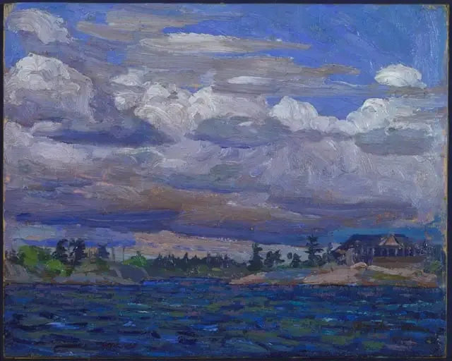 Chalet ved klippefyldt flod - Tom Thomson
