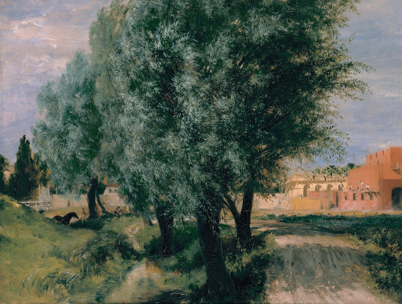 Byggeplads med piletræer - Adolph von Menzel