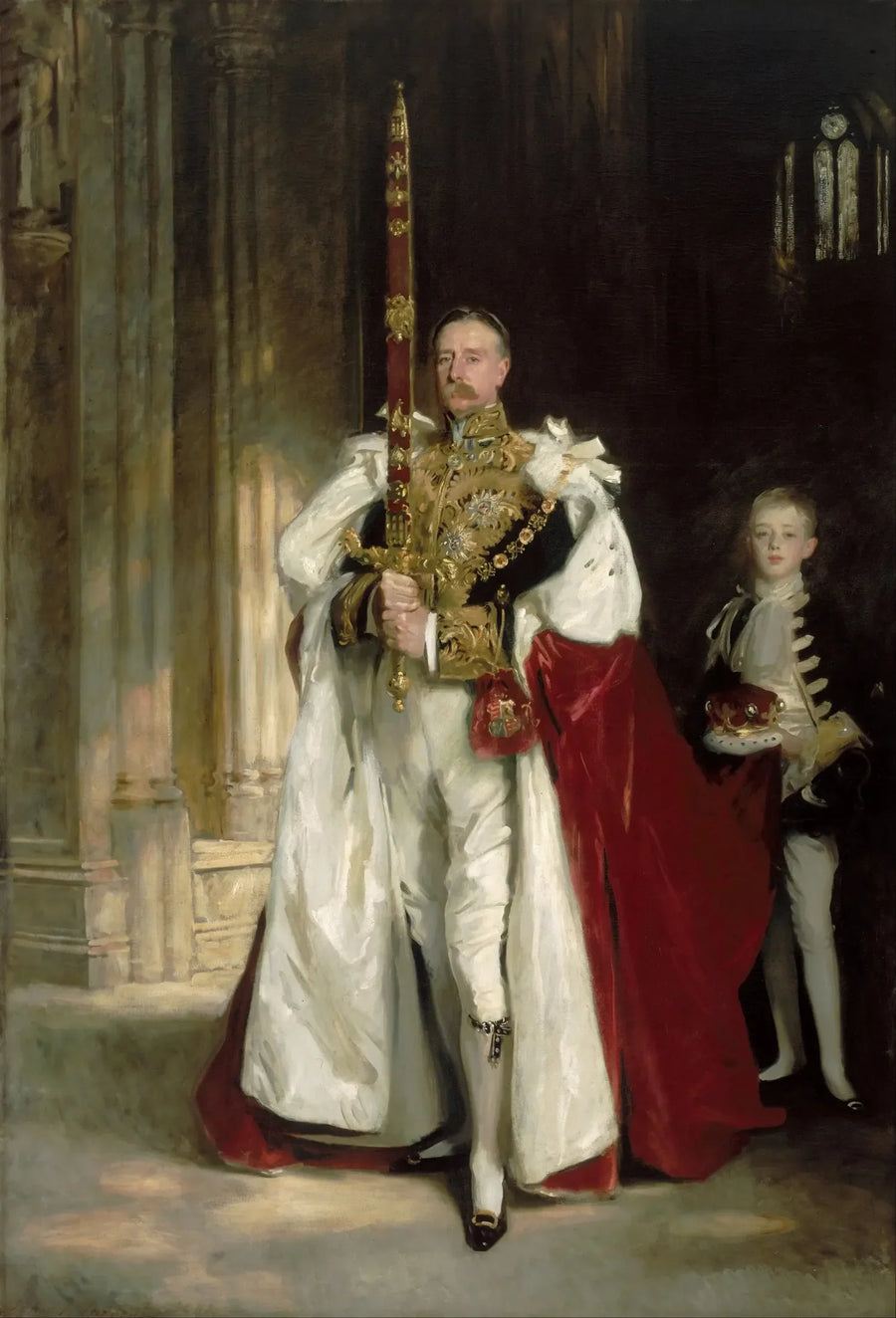 Charles Stewart, sjette marquis af Londonderry, bærende det store statssværd under kroningen af kong Edward VII, i august 1902, og M. W. C. Beaumont, hans page ved denne lejlighed - John Singer Sargent