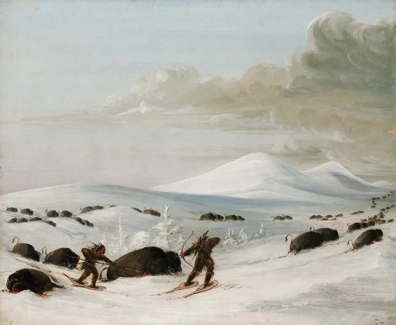 Bisonjagt i snefald, forfølgelse af indianere på snesko - George Catlin