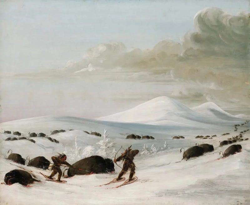 Bisonjagt i snefald, forfølgelse af indianere på snesko - George Catlin