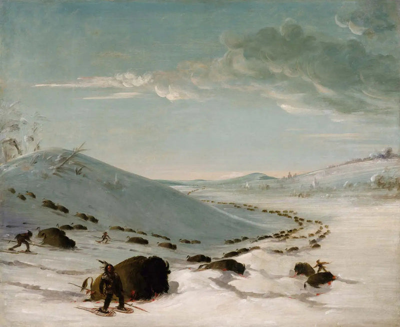 Bisonjagt om vinteren, indianere på snesko - George Catlin