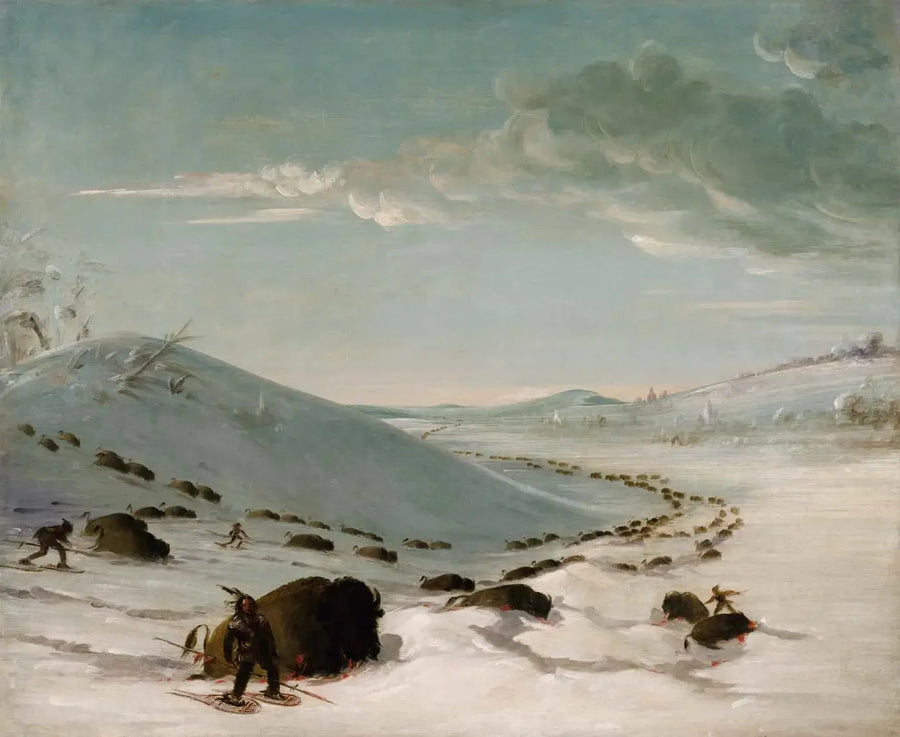Bisonjagt om vinteren, indianere på snesko - George Catlin