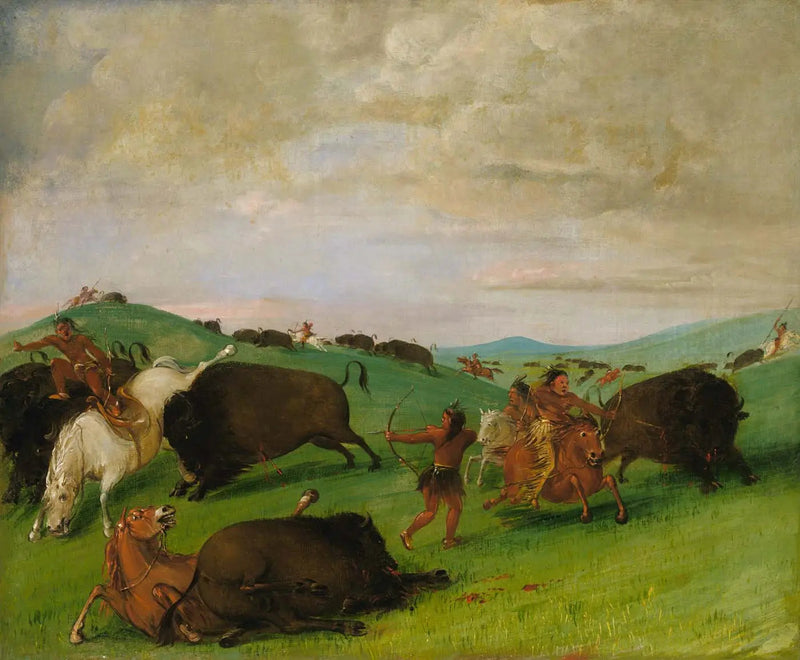 Bisonjagt, tyre, der kæmper med mænd og heste - George Catlin