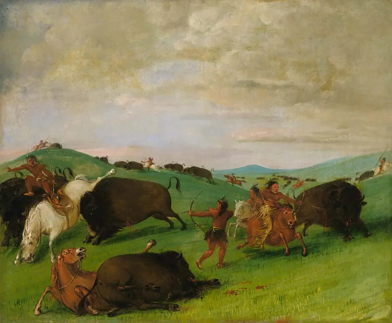 Bisonjagt, tyre, der kæmper med mænd og heste - George Catlin