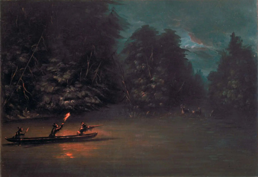Jagt på hjorte med fakler i bark kano - George Catlin