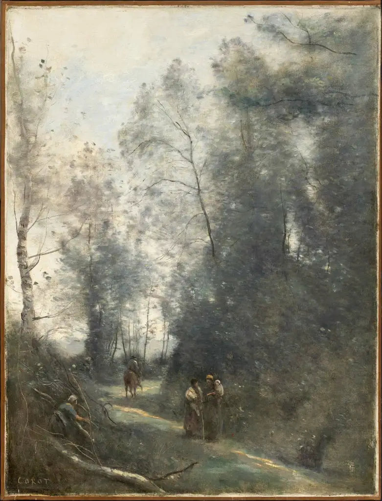 Svingende vej med tre bønderkvinder og en rytter - Jean-Baptiste Camille Corot
