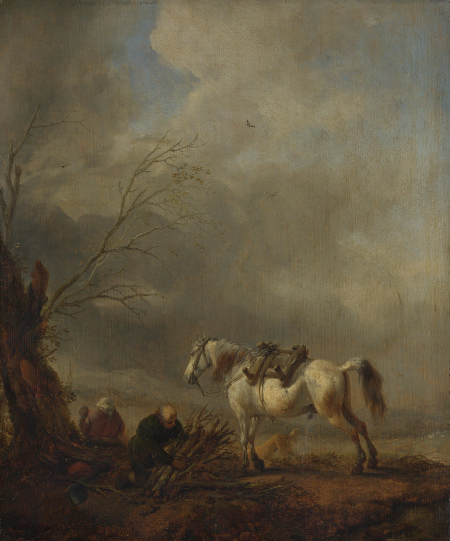 Un cheval blanc et un vieil homme liant des fagots - Philips Wouwerman