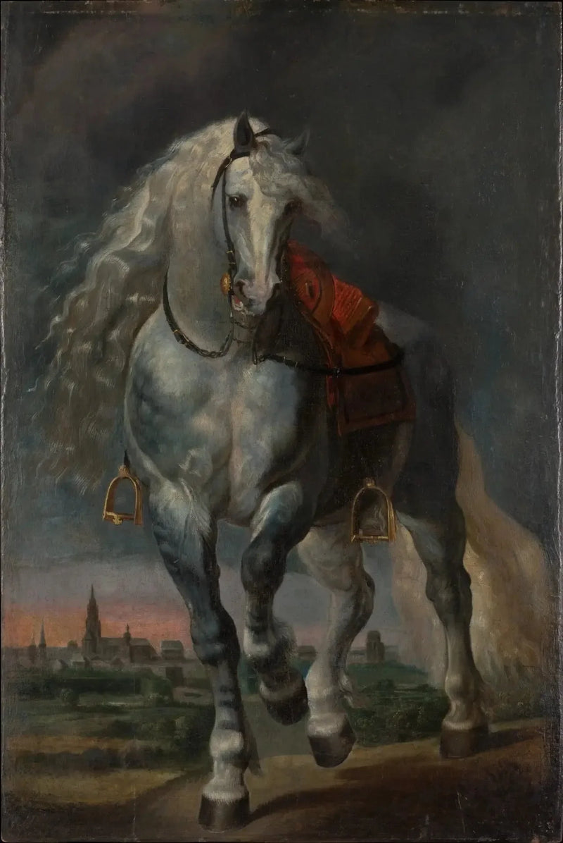 Hvid hest travende på et fladt landskab foran en by - Peter Paul Rubens