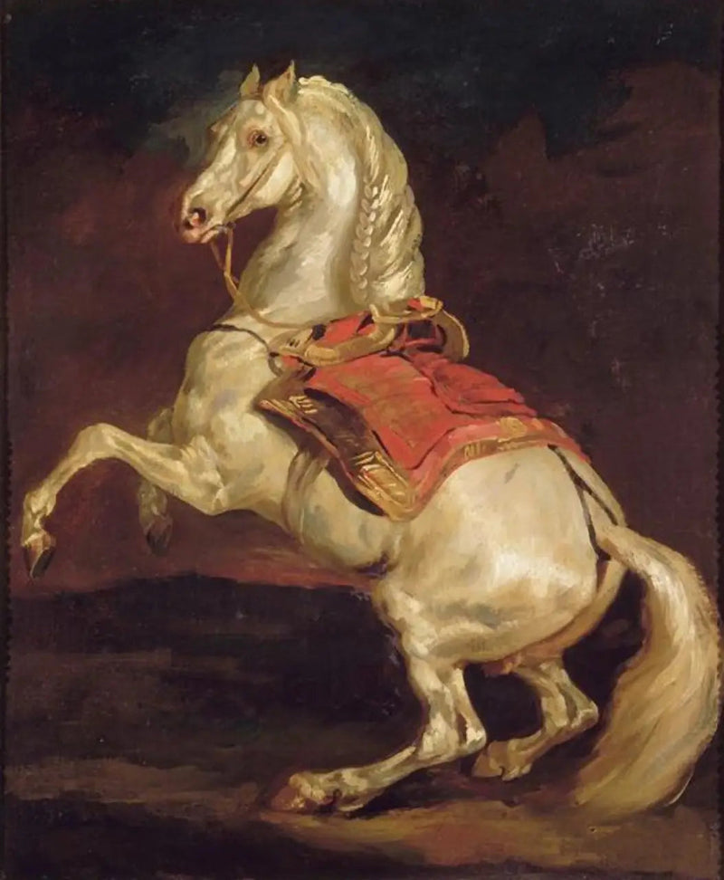 Hest i oprejst stilling på rød sadel - Théodore Géricault