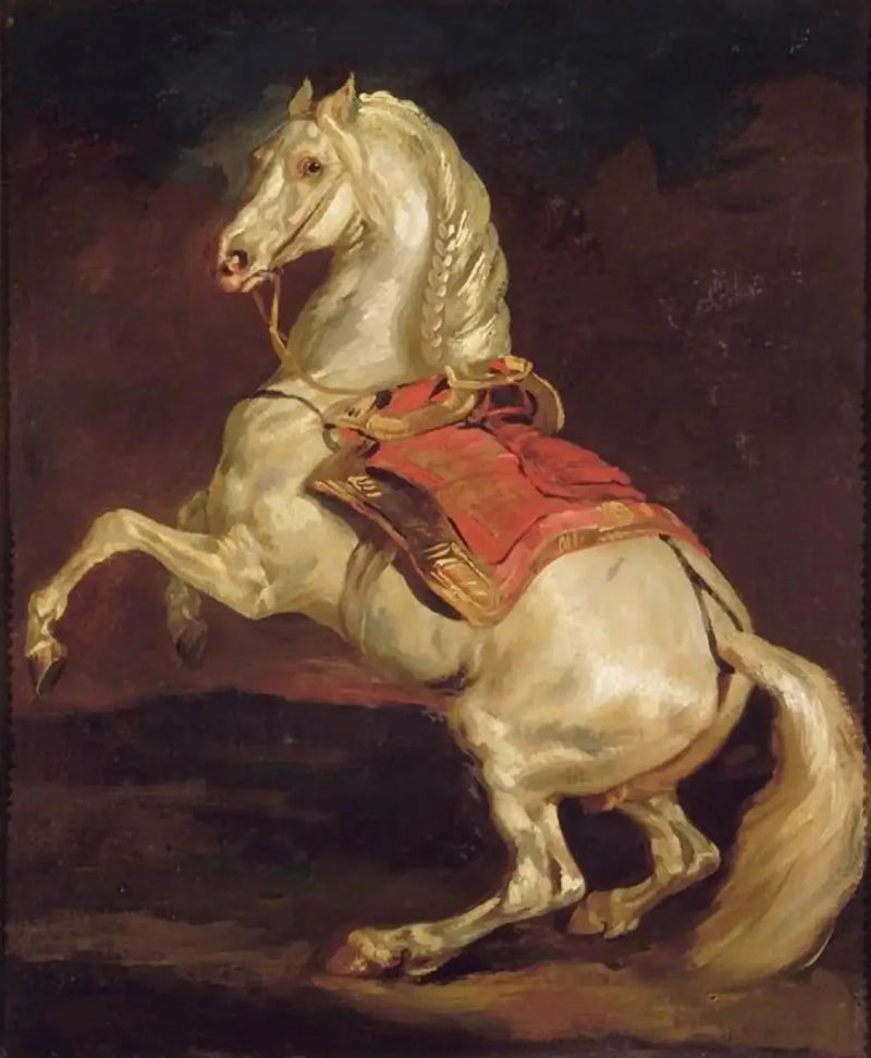 Hest i oprejst stilling på rød sadel - Théodore Géricault