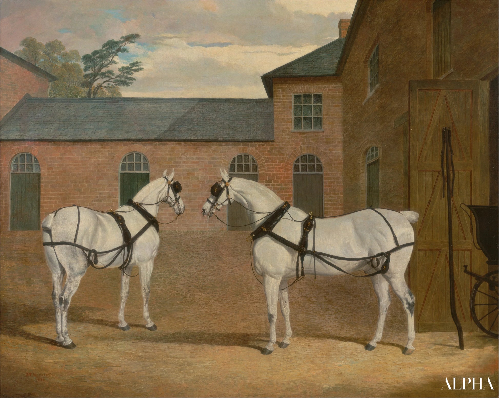Grå heste i trækkurven i trækkurven ved Putteridge Bury, Hertfordshire - John Frederick Herring Snr - Reproduktioner af malerier og kunstværker i høj kvalitet
