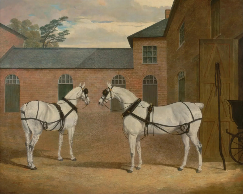 Grå heste til hestevogne i gården ved Putteridge Bury, Hertfordshire - John Frederick Herring, Sr.