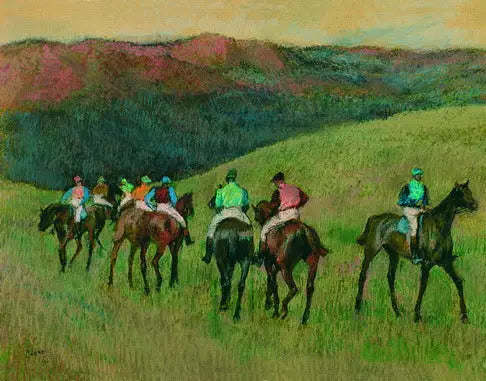 Væddeløbsheste i et landskab - Edgar Degas